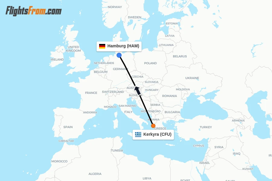 Flights from Kerkyra to Hamburg route map