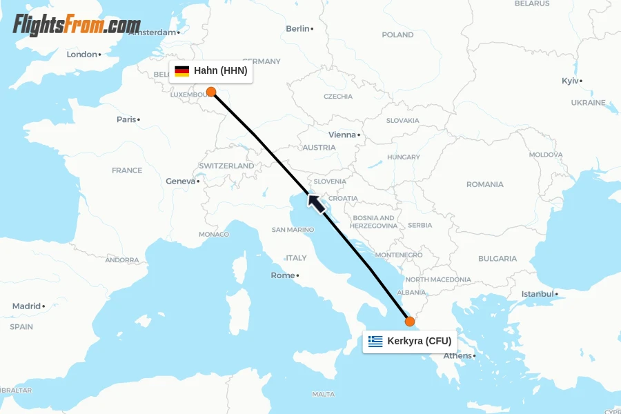 Flights from Kerkyra to Hahn route map