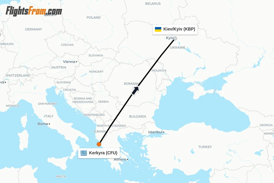 Flights from Kerkyra to Kiev/Kyiv route map