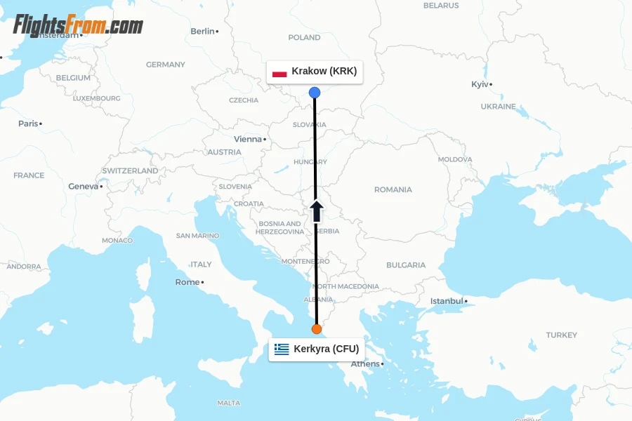 Flights from Kerkyra to Krakow route map
