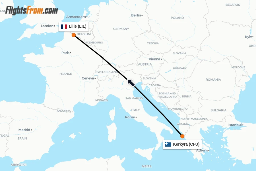 Flights from Kerkyra to Lille route map