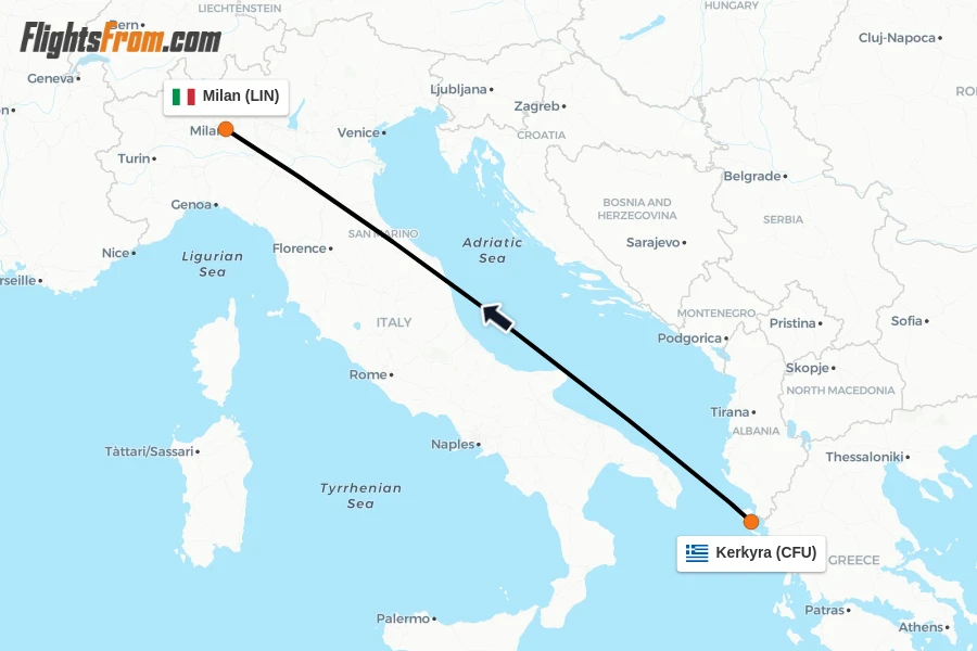 Flights from Kerkyra to Milan route map