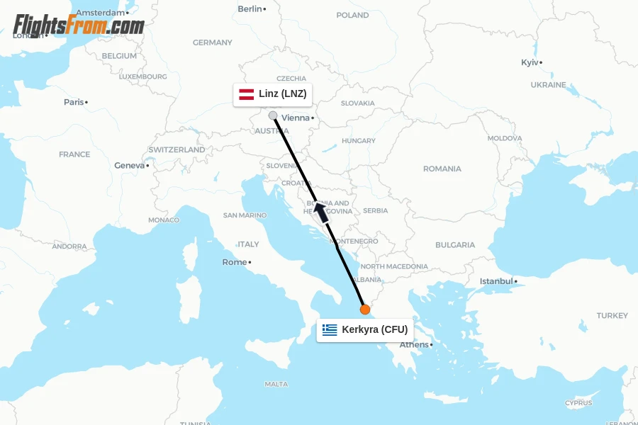 Flights from Kerkyra to Linz route map