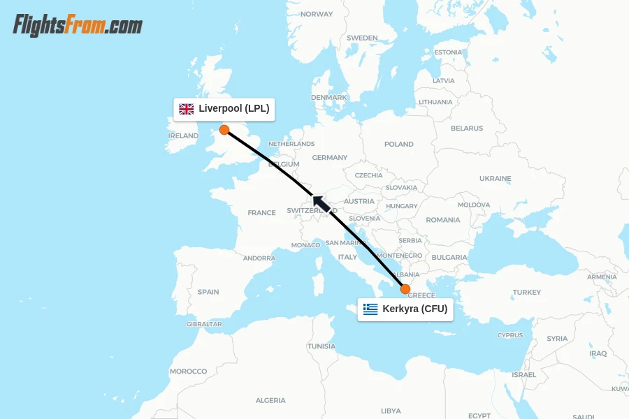 Flights from Kerkyra to Liverpool route map