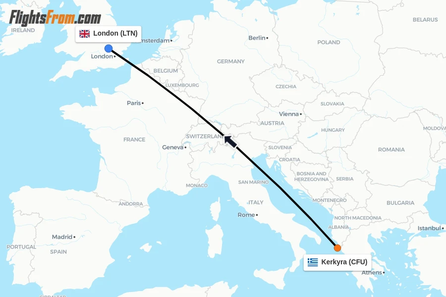 Flights from Kerkyra to London route map
