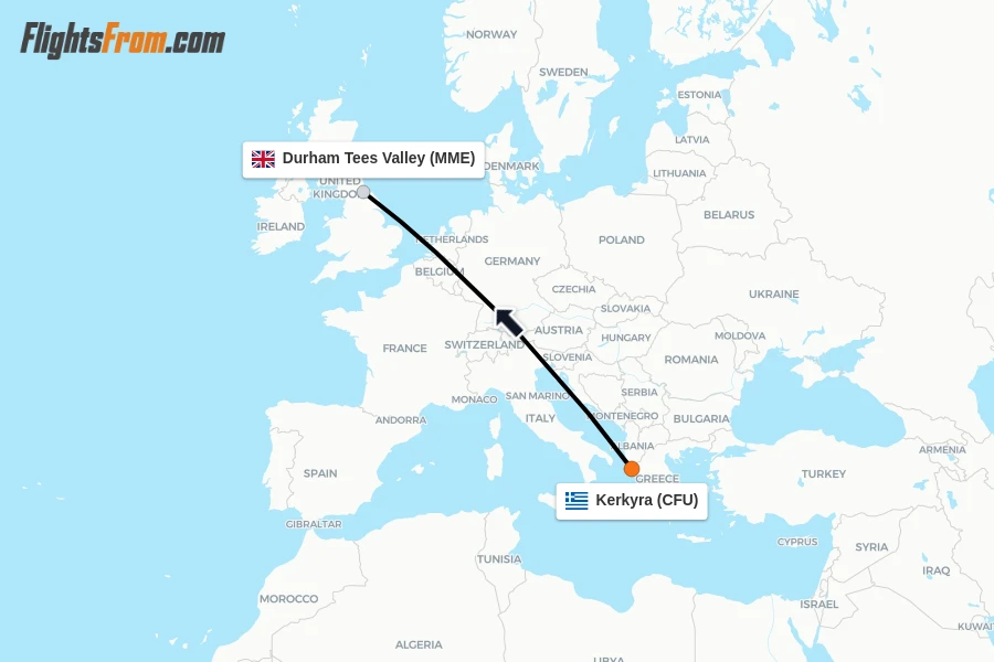 Flights from Kerkyra to Durham Tees Valley route map