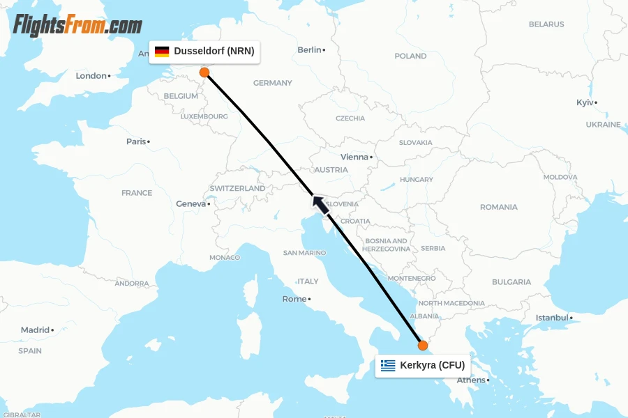 Flights from Kerkyra to Dusseldorf route map