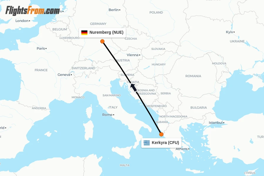 Flights from Kerkyra to Nuremberg route map