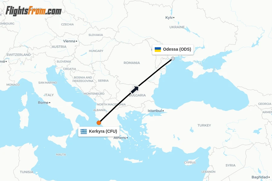 Flights from Kerkyra to Odessa route map