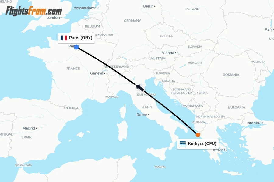 Flights from Kerkyra to Paris route map