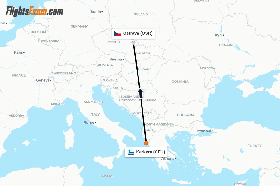 Flights from Kerkyra to Ostrava route map