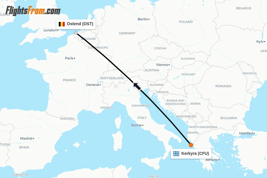 Flights from Kerkyra to Ostend route map