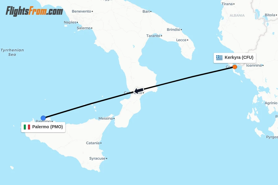 Flights from Kerkyra to Palermo route map