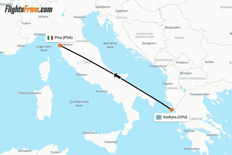 Flights from Kerkyra to Pisa route map