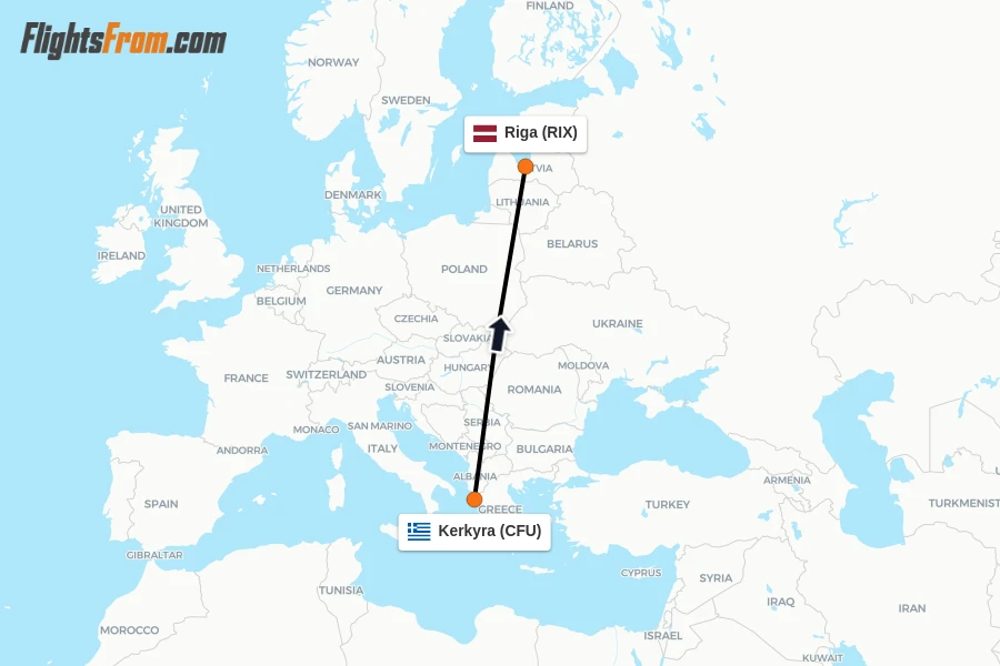 Flights from Kerkyra to Riga route map