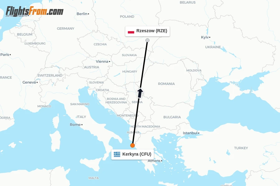 Flights from Kerkyra to Rzeszow route map