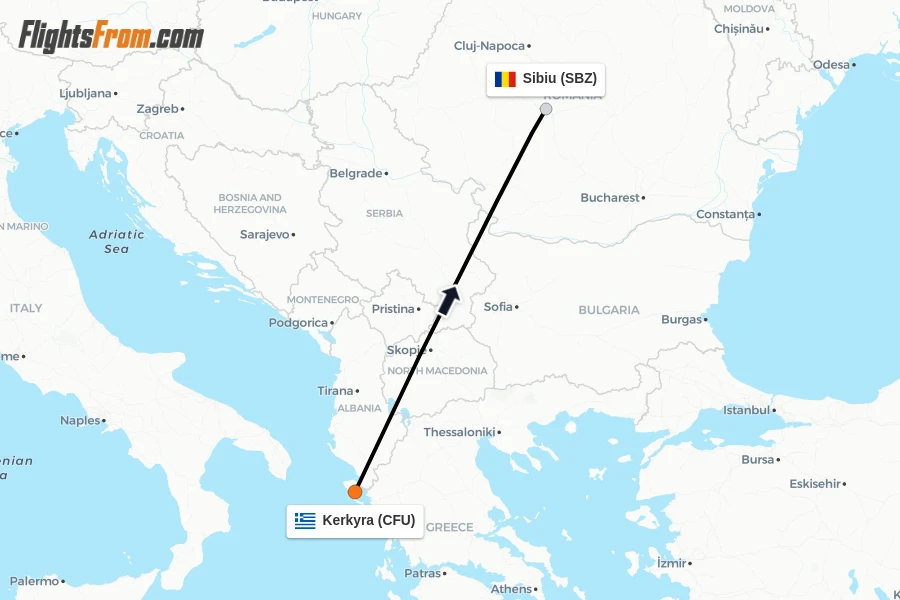 Flights from Kerkyra to Sibiu route map