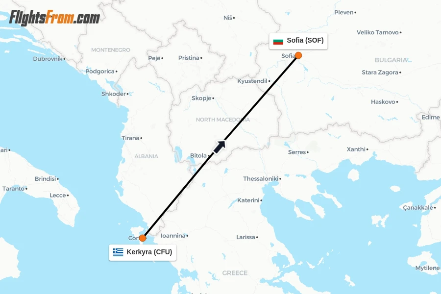 Flights from Kerkyra to Sofia route map