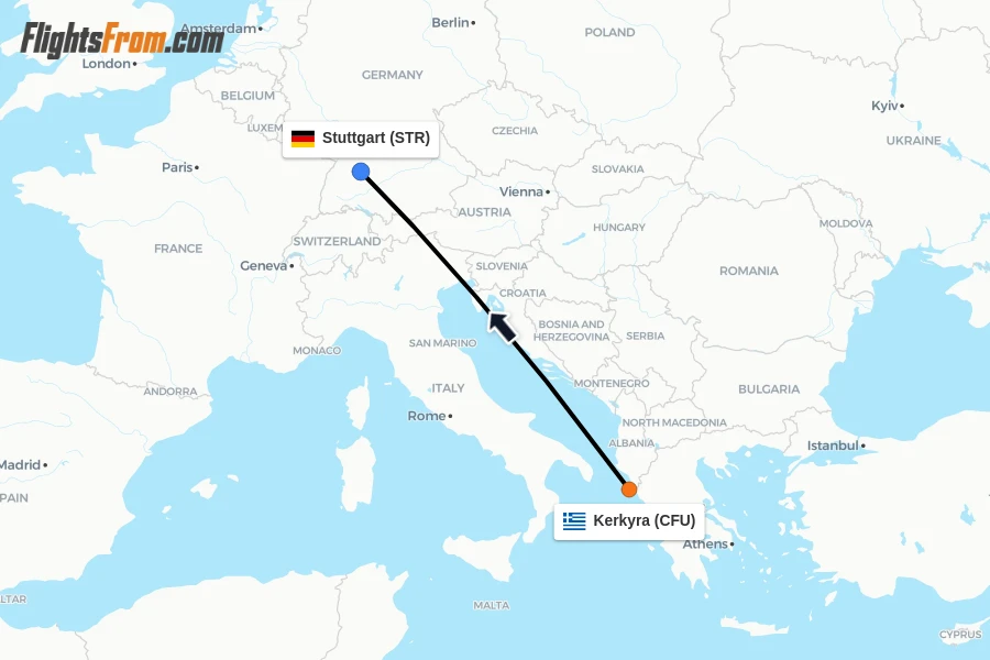 Flights from Kerkyra to Stuttgart route map