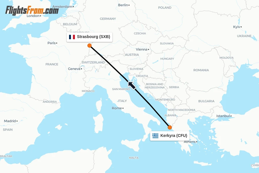 Flights from Kerkyra to Strasbourg route map