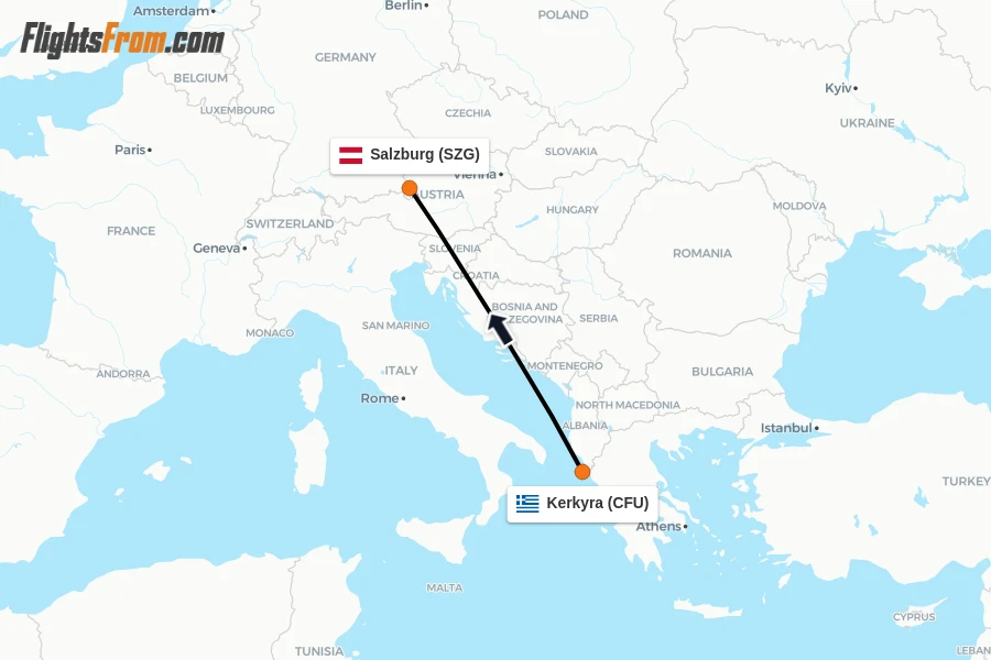 Flights from Kerkyra to Salzburg route map