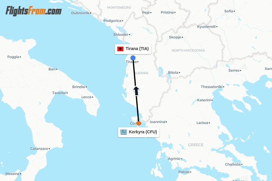 Flights from Kerkyra to Tirana route map