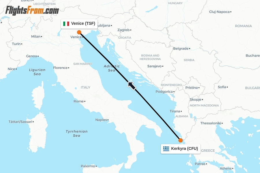 Flights from Kerkyra to Venice route map