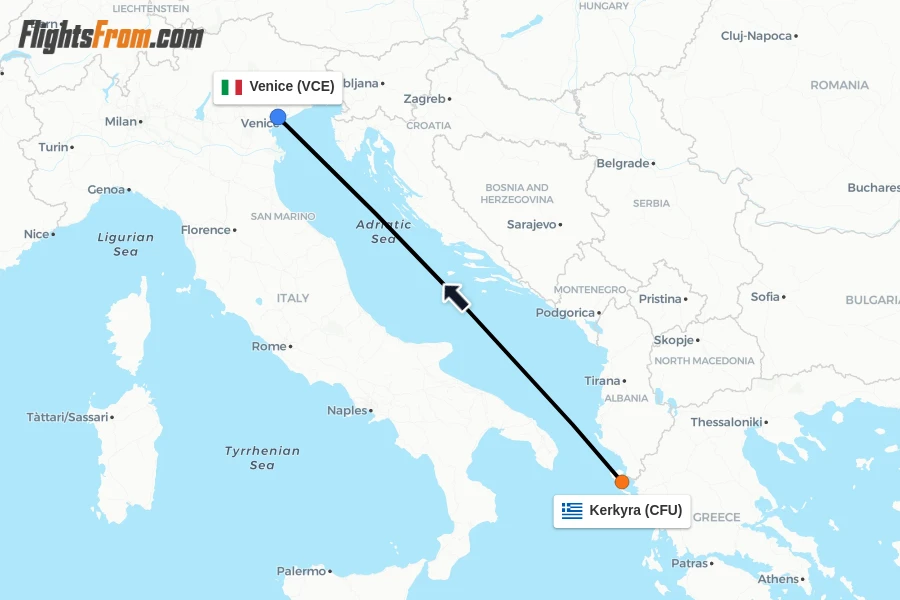 Flights from Kerkyra to Venice route map