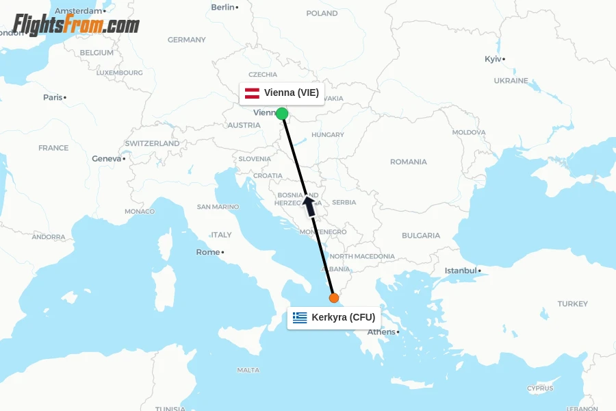 Flights from Kerkyra to Vienna route map