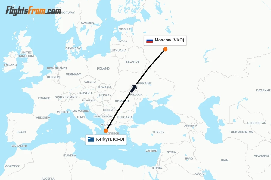 Flights from Kerkyra to Moscow route map