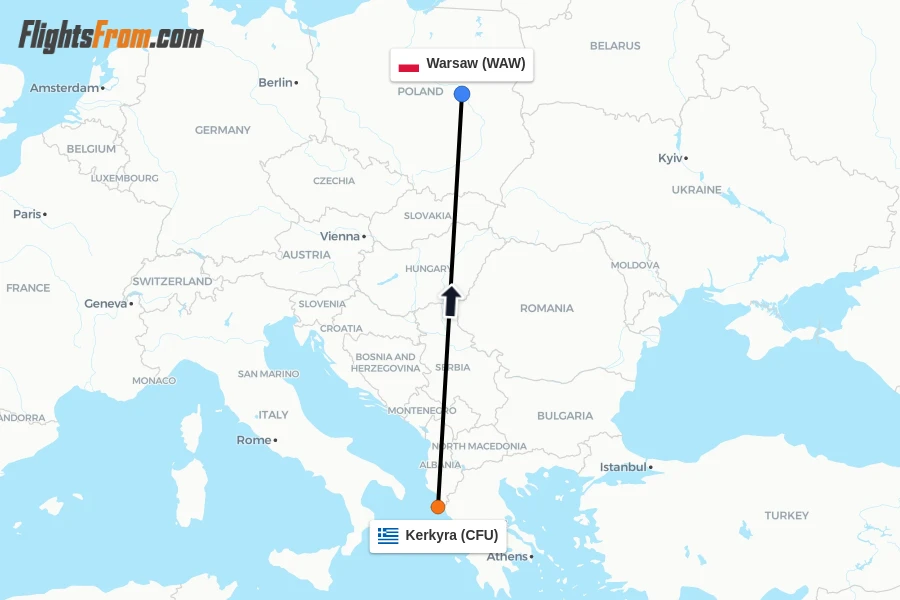 Flights from Kerkyra to Warsaw route map