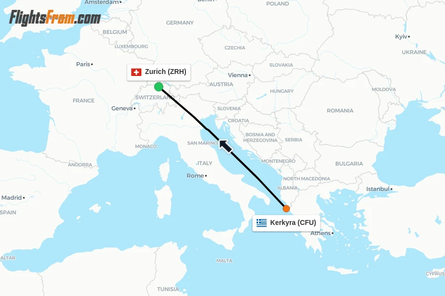 Flights from Kerkyra to Zurich route map