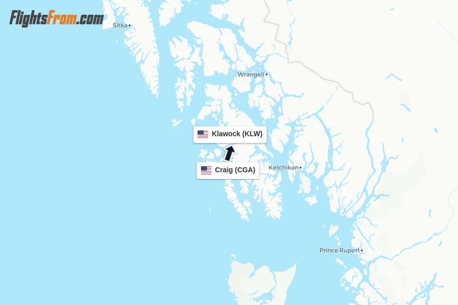 Flights from Craig to Klawock route map
