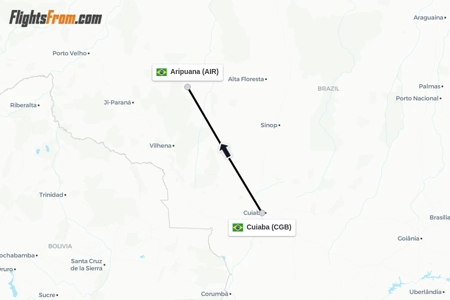 Flights from Cuiaba to Aripuana route map