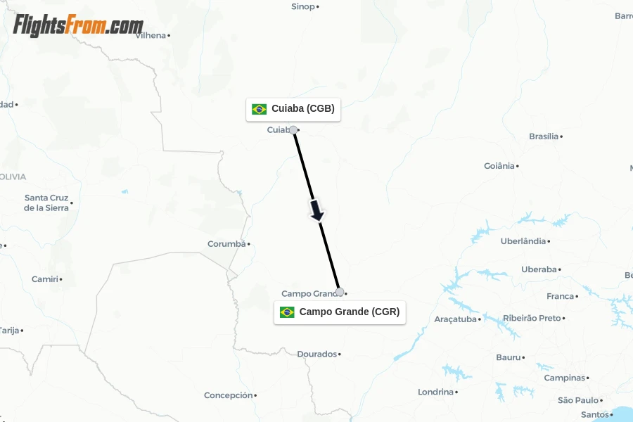 Flights from Cuiaba to Campo Grande route map