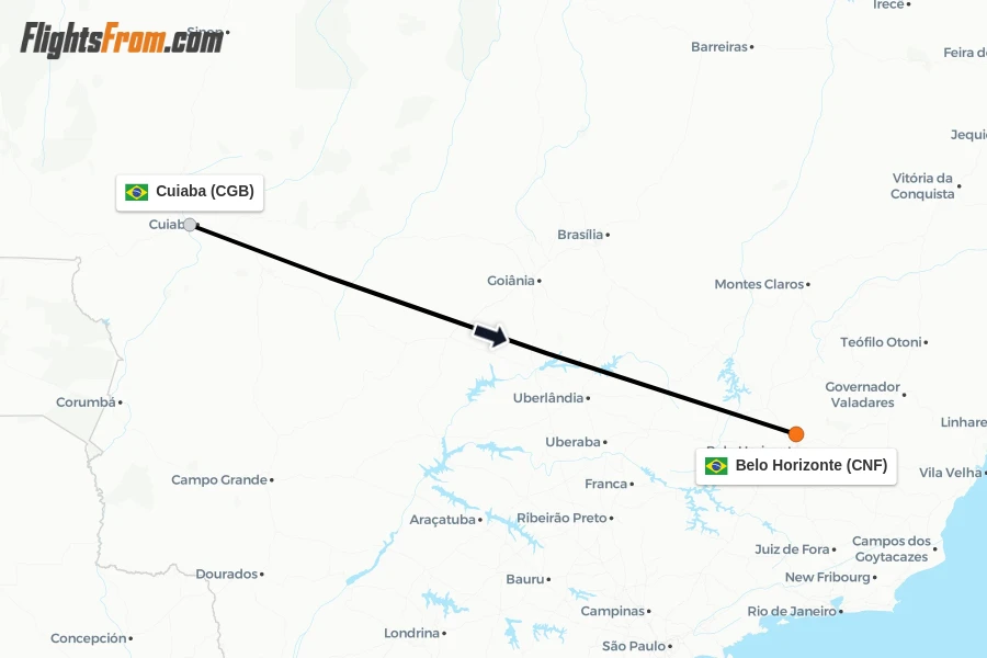 Flights from Cuiaba to Belo Horizonte route map