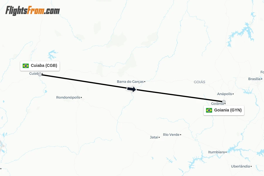 Flights from Cuiaba to Goiania route map