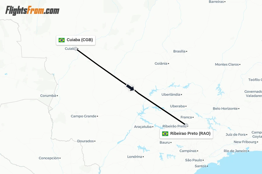 Flights from Cuiaba to Ribeirao Preto route map