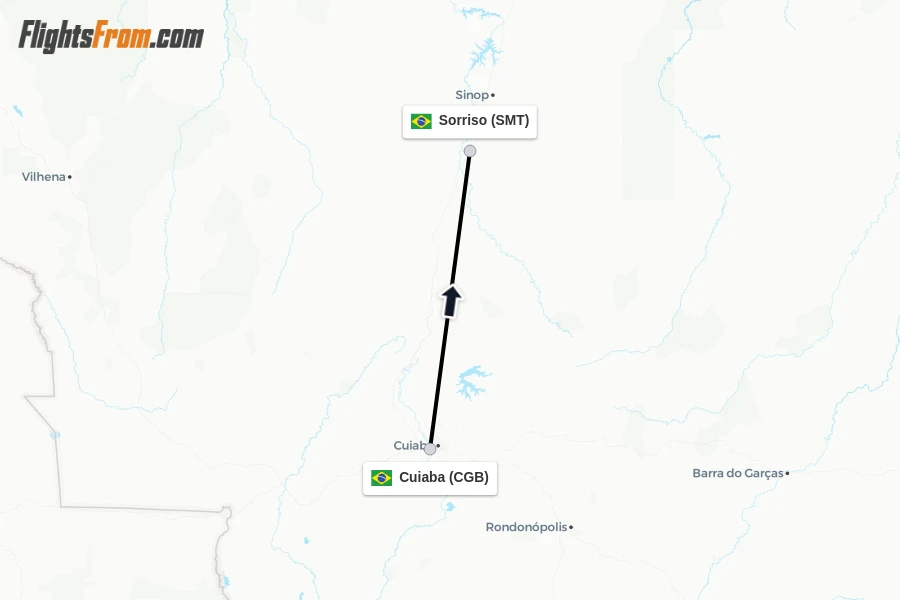 Flights from Cuiaba to Sorriso route map