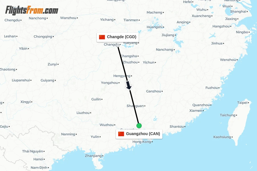 Flights from Changde to Guangzhou route map