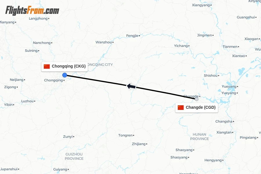 Flights from Changde to Chongqing route map