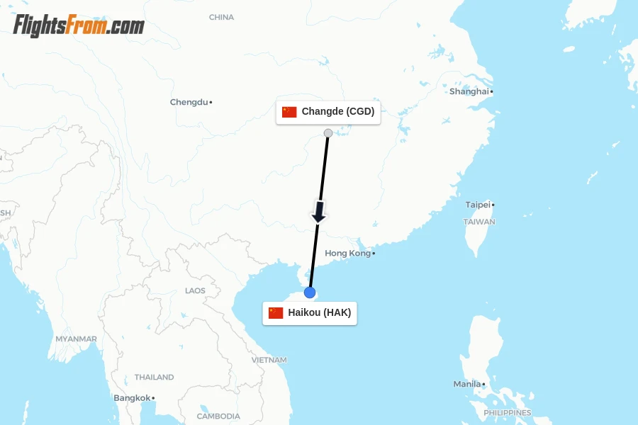 Flights from Changde to Haikou route map