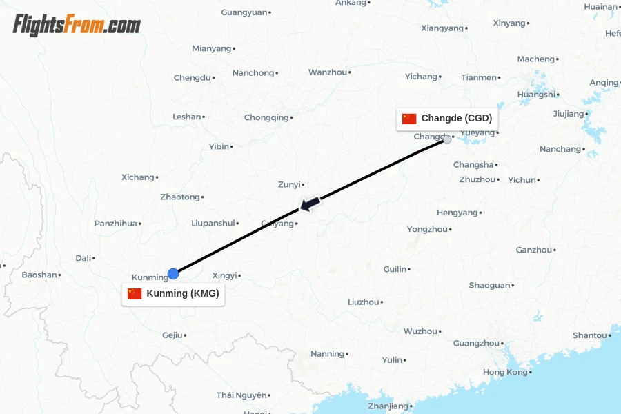 Flights from Changde to Kunming route map