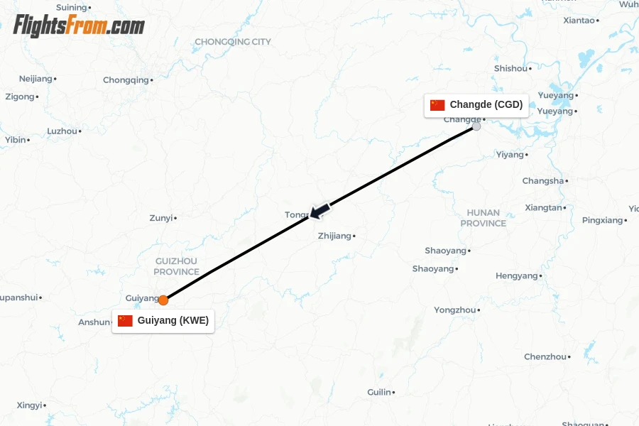 Flights from Changde to Guiyang route map