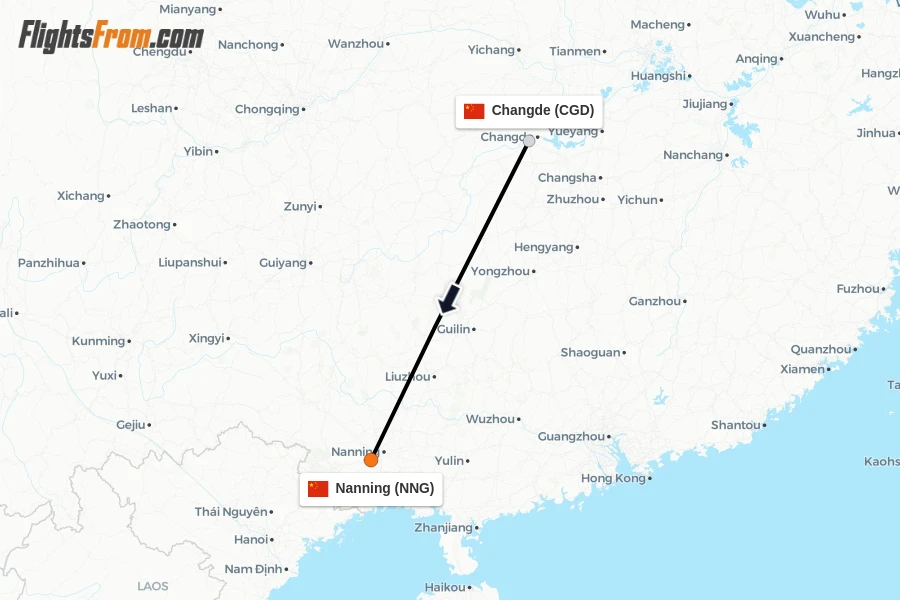 Flights from Changde to Nanning route map