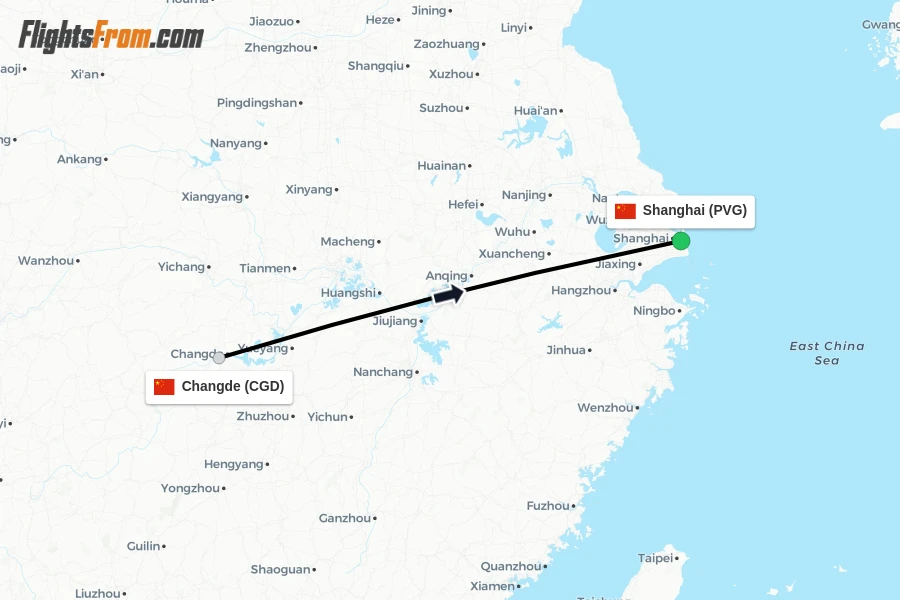 Flights from Changde to Shanghai route map