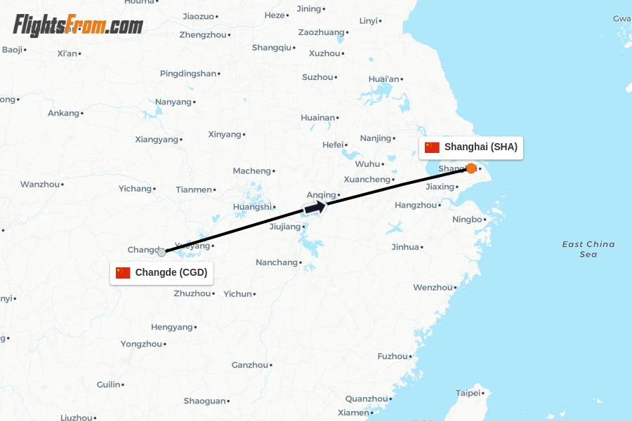 Flights from Changde to Shanghai route map