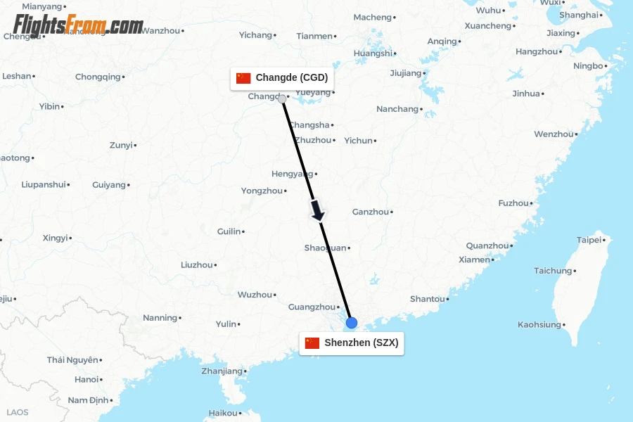 Flights from Changde to Shenzhen route map