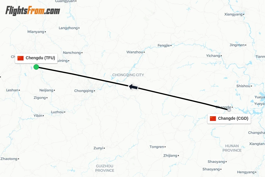 Flights from Changde to Chengdu route map