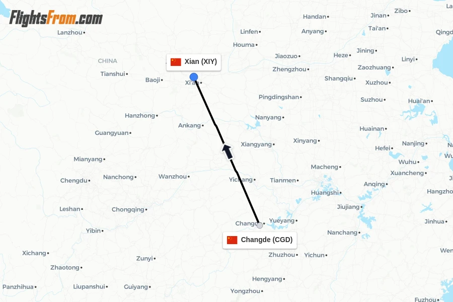 Flights from Changde to Xian route map